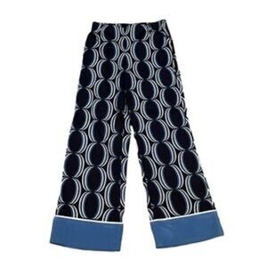 St.‎ John Silk Blue Geometric Wide Leg Pants L Luxe Stretch Satin Trim Resort